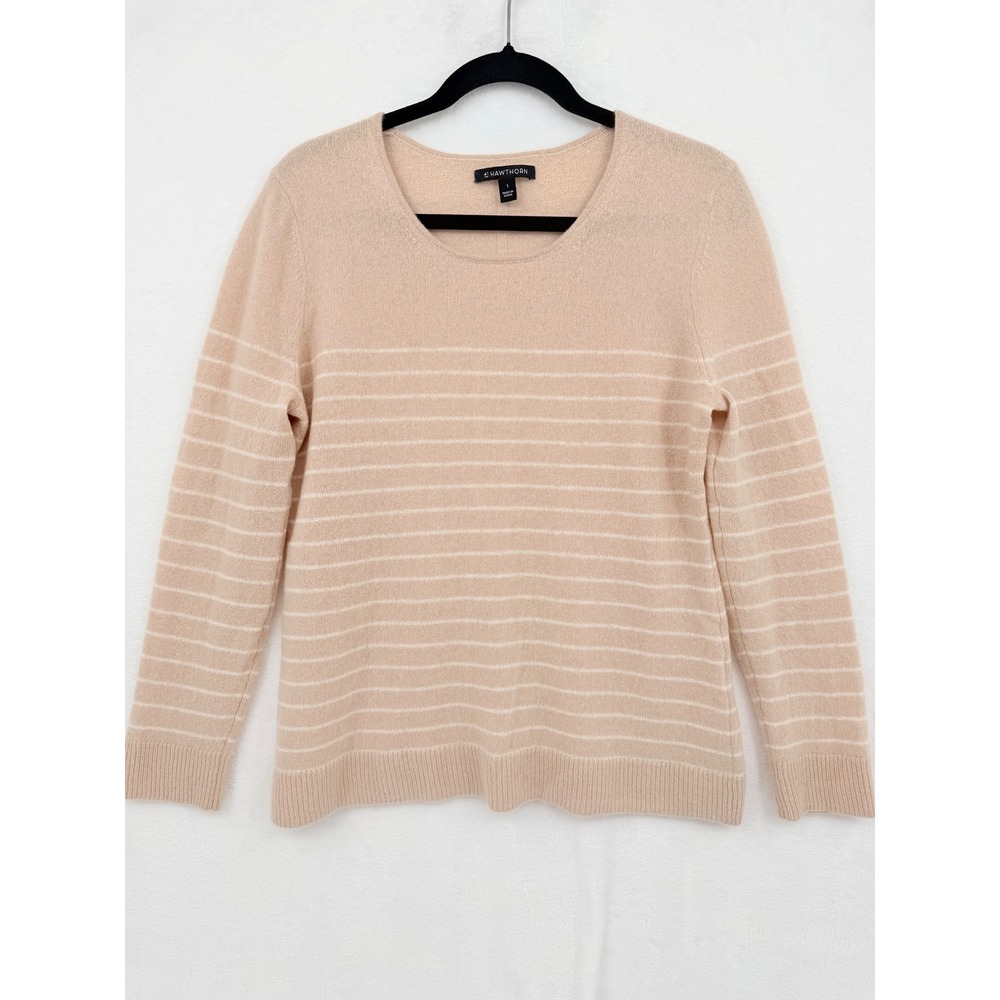 41 Hawthorn 100% Cashmere Striped Scoop Neck Sweater L Beige Tan Old Money Soft